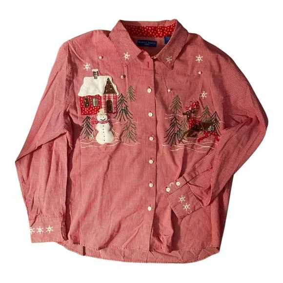 Karen Scott Vintage Red Gingham Christmas Shirt XL Embroidered Snowman Reindeer - Picture 6 of 6